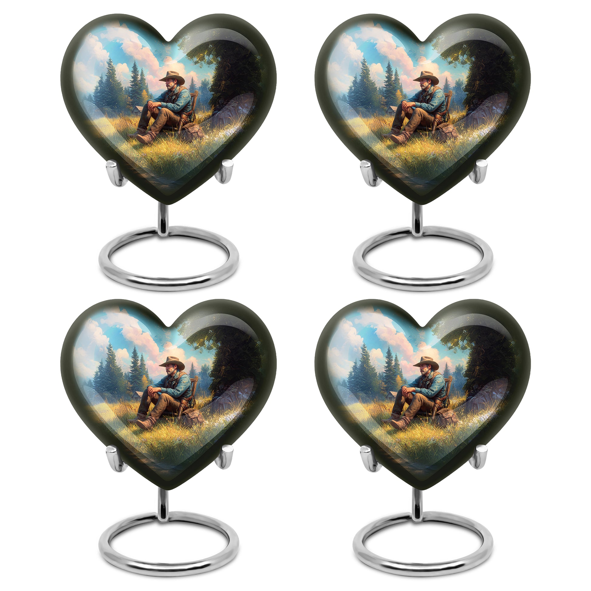 Ocean Teal Cowboy Cremation Urn angled view of lid and engraved motif - heart-shaped cowboy design symbolizing eternal love - 10 inch aluminum urn for cremated remains