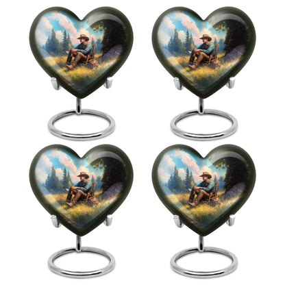 Ocean Teal Cowboy Cremation Urn angled view of lid and engraved motif - heart-shaped cowboy design symbolizing eternal love - 10 inch aluminum urn for cremated remains