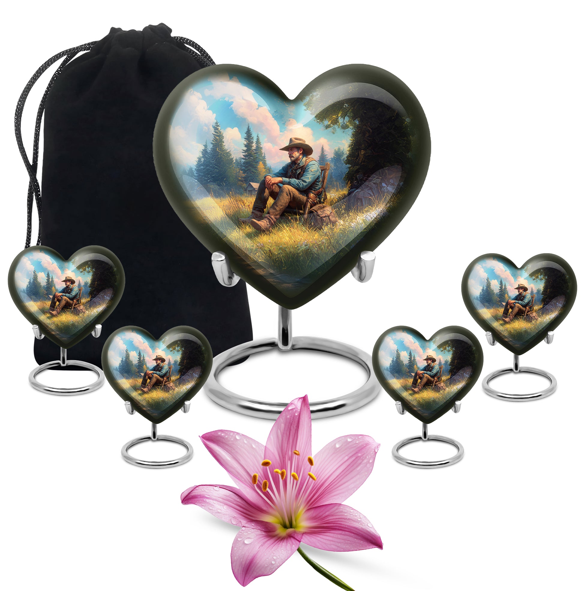 Ocean Teal Cowboy Cremation Urn close-up of engraving and surface detail - heart-shaped cowboy design symbolizing eternal love - memorial set with one large and four small urns