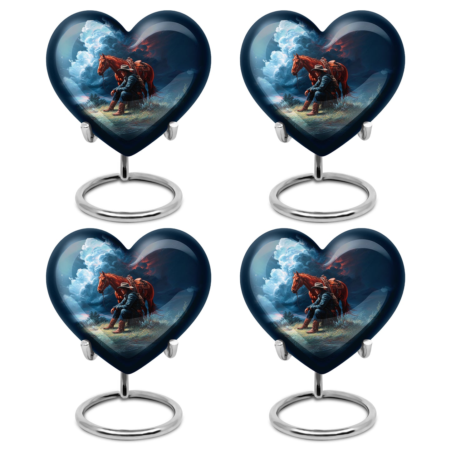 Twilight Blue Cowboy Cremation Urn angled view of lid and engraved motif - romantic heart urn with cowboy motif on aluminum - 10 inch aluminum urn for cremated remains