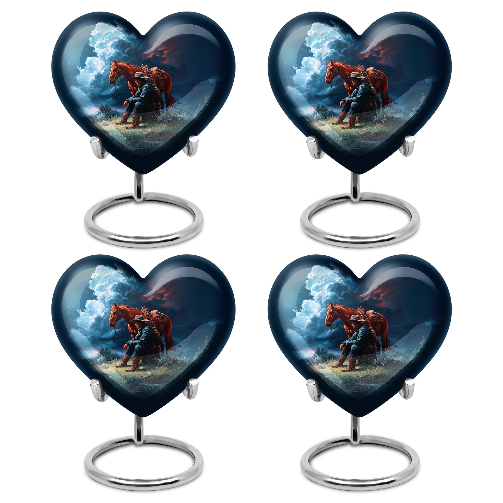 Twilight Blue Cowboy Cremation Urn angled view of lid and engraved motif - romantic heart urn with cowboy motif on aluminum - 10 inch aluminum urn for cremated remains