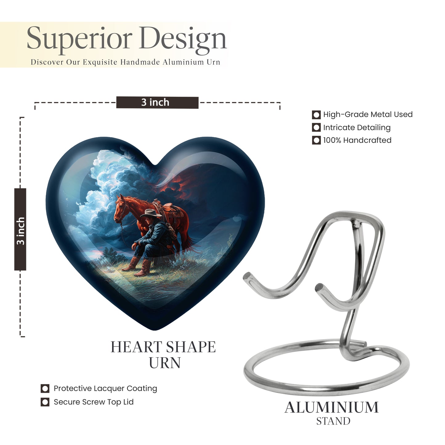 Icy Blue Cowboy Cremation Urn front view showing detailed design - heart-shaped cowboy design symbolizing eternal love - mini keepsake memorial for portion of cremation ashes