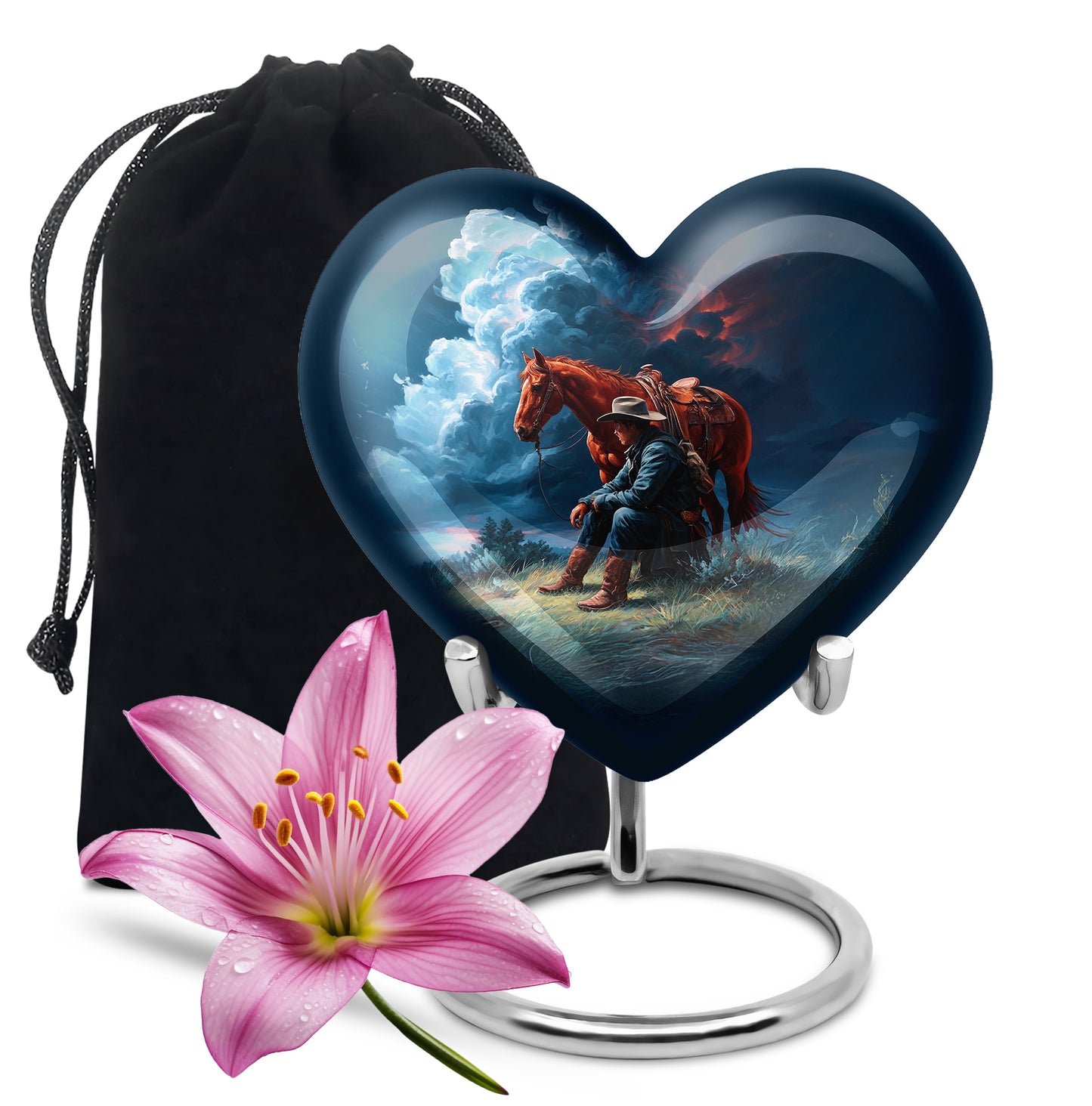 Bright Blue Cowboy Cremation Urn detail view - romantic heart urn with cowboy motif on aluminum - full-size 10 inch 200 cubic inch adult cremation urn