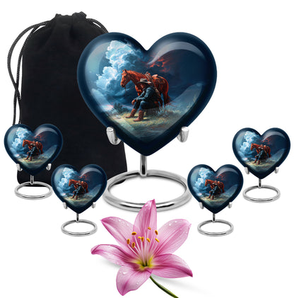Cobalt Blue Cowboy Cremation Urn close-up of engraving and surface detail - romantic heart urn with cowboy motif on aluminum - memorial set with one large and four small urns