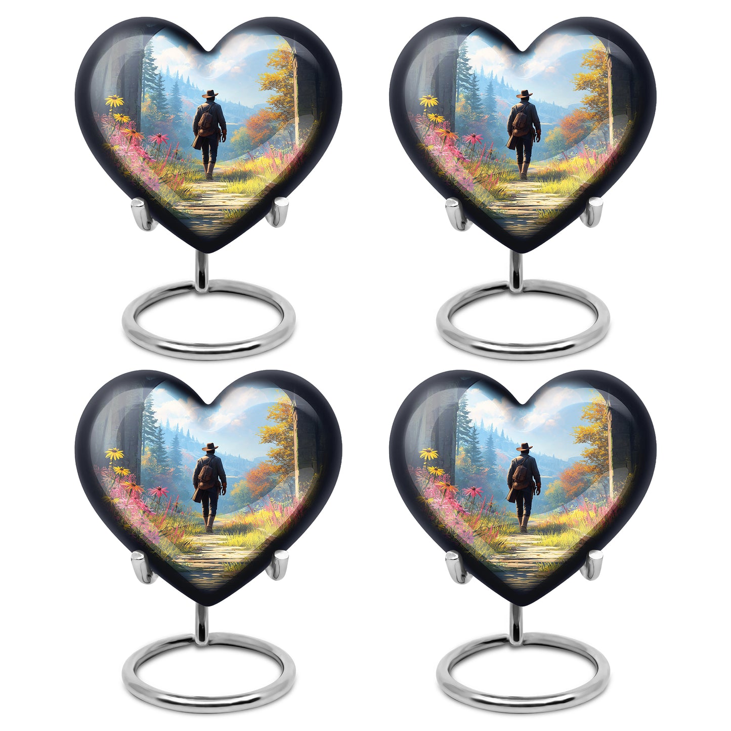 Sky Blue Cowboy Cremation Urn angled view of lid and engraved motif - heart-shaped cowboy design symbolizing eternal love - 10 inch aluminum urn for cremated remains