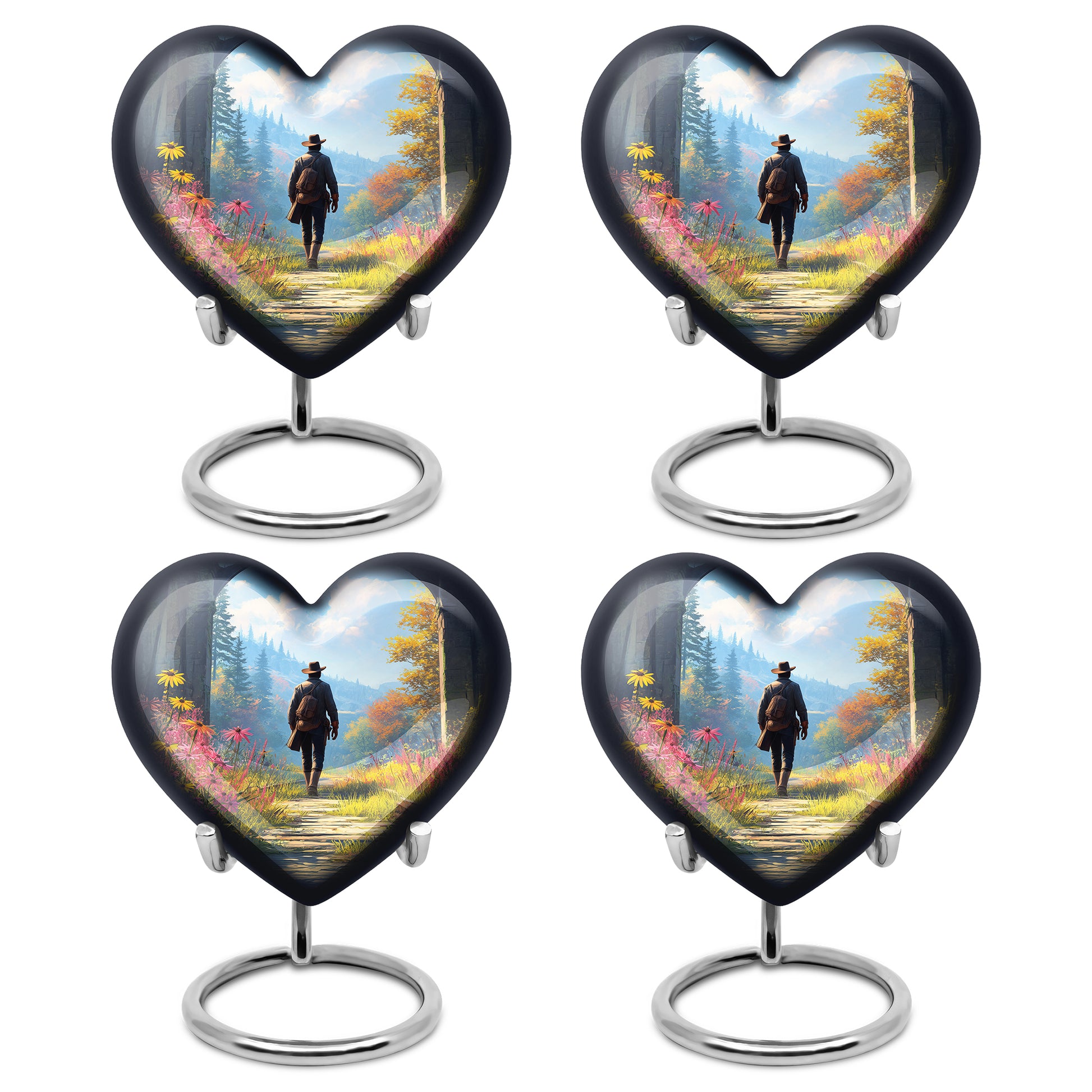 Sky Blue Cowboy Cremation Urn angled view of lid and engraved motif - heart-shaped cowboy design symbolizing eternal love - 10 inch aluminum urn for cremated remains