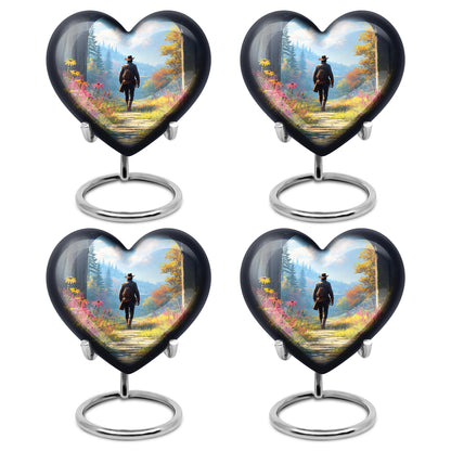 Sky Blue Cowboy Cremation Urn angled view of lid and engraved motif - heart-shaped cowboy design symbolizing eternal love - 10 inch aluminum urn for cremated remains
