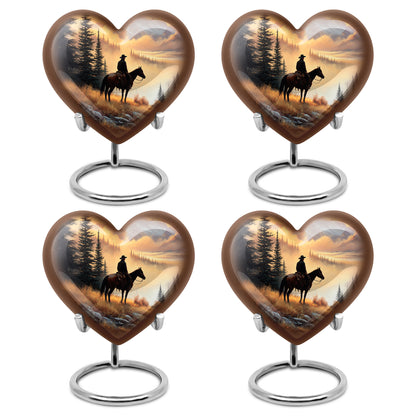 Harvest Gold Cowboy Cremation Urn angled view of lid and engraved motif - romantic heart urn with cowboy motif on aluminum - 10 inch aluminum urn for cremated remains
