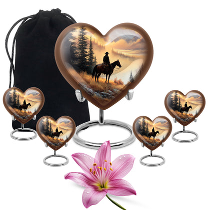 Royal Gold Cowboy Cremation Urn close-up of engraving and surface detail - compassionate heart-cowboy combination with gentle curves - memorial set with one large and four small urns
