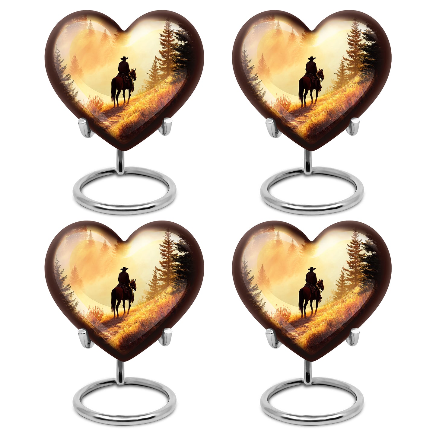 Sunrise Gold Cowboy Cremation Urn angled view of lid and engraved motif - heart-shaped cowboy design symbolizing eternal love - 10 inch aluminum urn for cremated remains