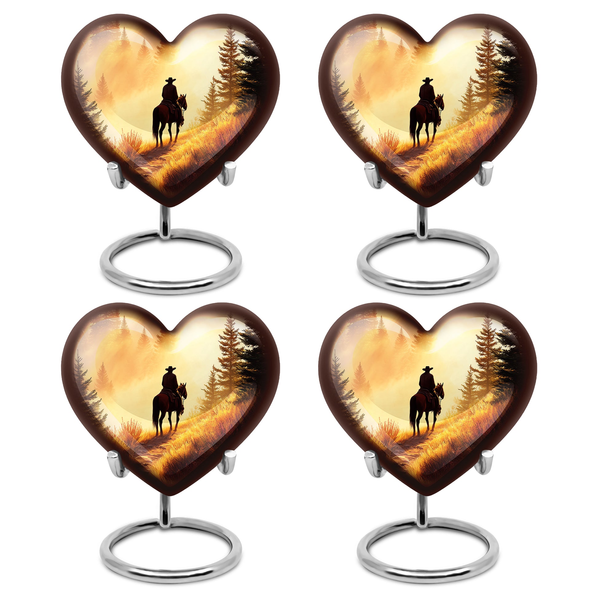 Sunrise Gold Cowboy Cremation Urn angled view of lid and engraved motif - heart-shaped cowboy design symbolizing eternal love - 10 inch aluminum urn for cremated remains