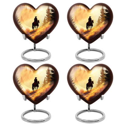 Sunrise Gold Cowboy Cremation Urn angled view of lid and engraved motif - heart-shaped cowboy design symbolizing eternal love - 10 inch aluminum urn for cremated remains