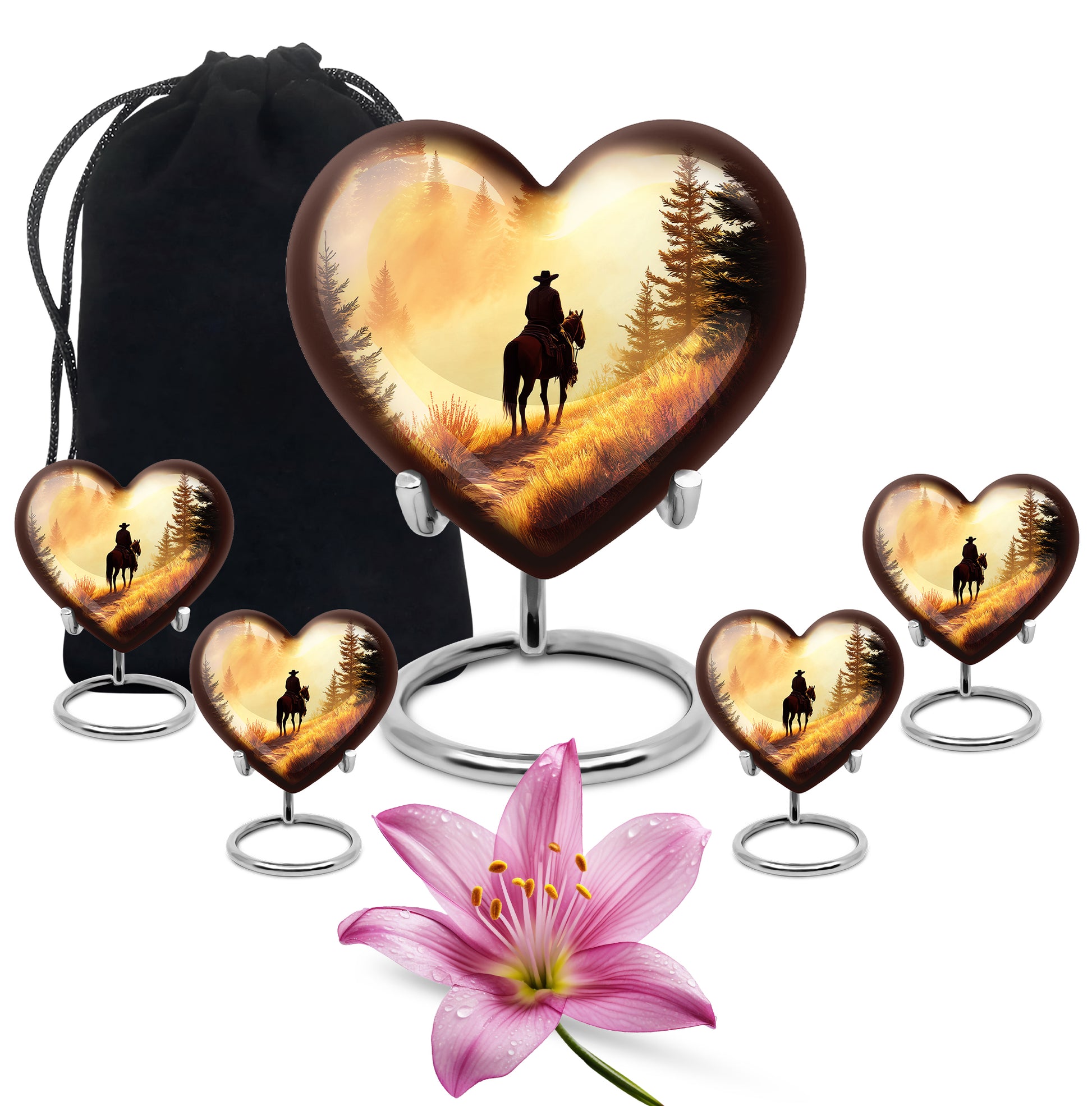 Amber Gold Cowboy Cremation Urn close-up of engraving and surface detail - heart-shaped cowboy design symbolizing eternal love - memorial set with one large and four small urns
