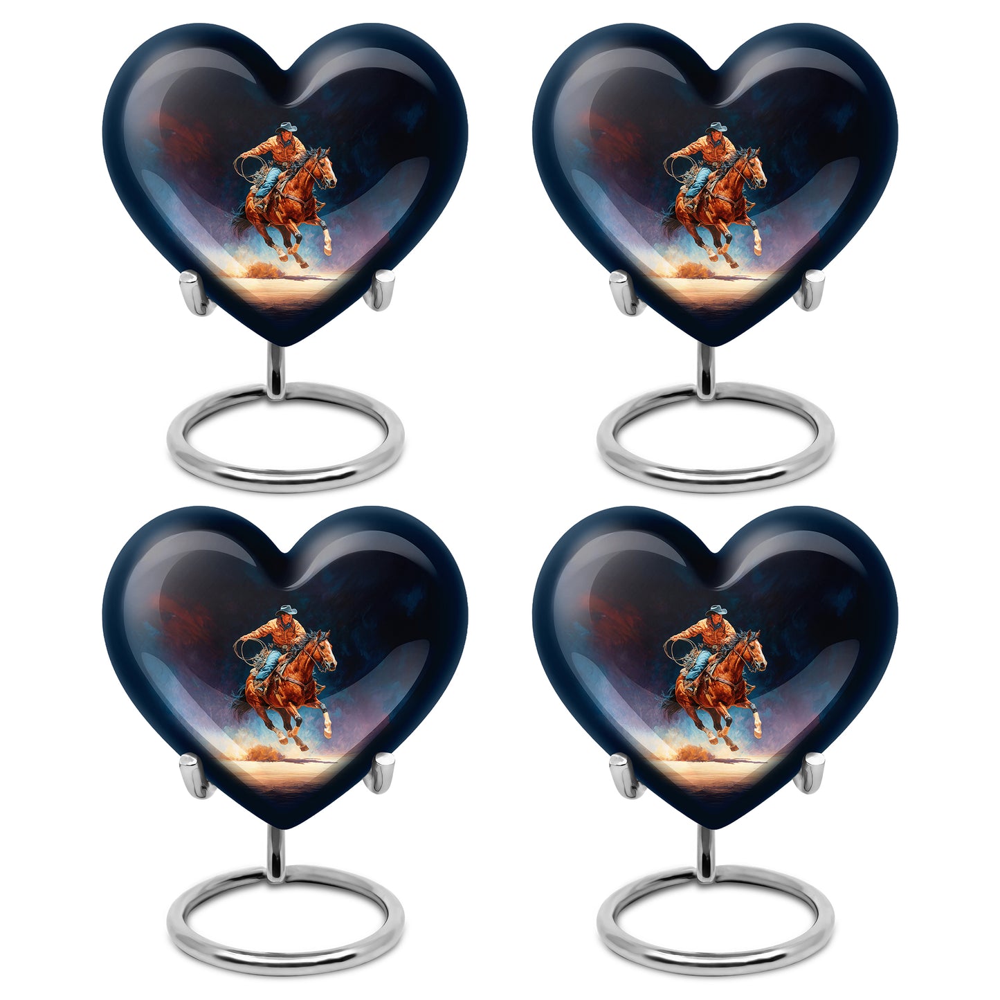 Ebony Cowboy Cremation Urn angled view of lid and engraved motif - heart-shaped cowboy design symbolizing eternal love - 10 inch aluminum urn for cremated remains