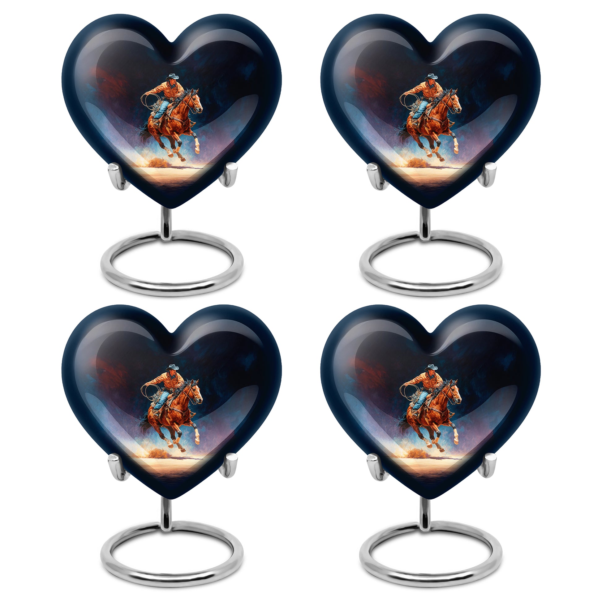 Ebony Cowboy Cremation Urn angled view of lid and engraved motif - heart-shaped cowboy design symbolizing eternal love - 10 inch aluminum urn for cremated remains