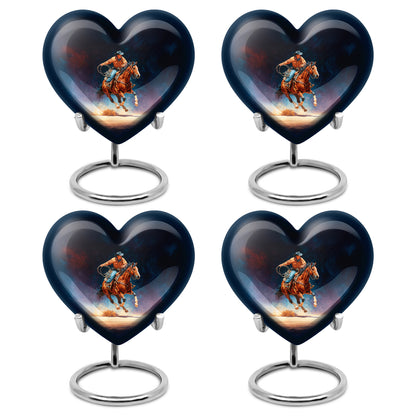 Ebony Cowboy Cremation Urn angled view of lid and engraved motif - heart-shaped cowboy design symbolizing eternal love - 10 inch aluminum urn for cremated remains