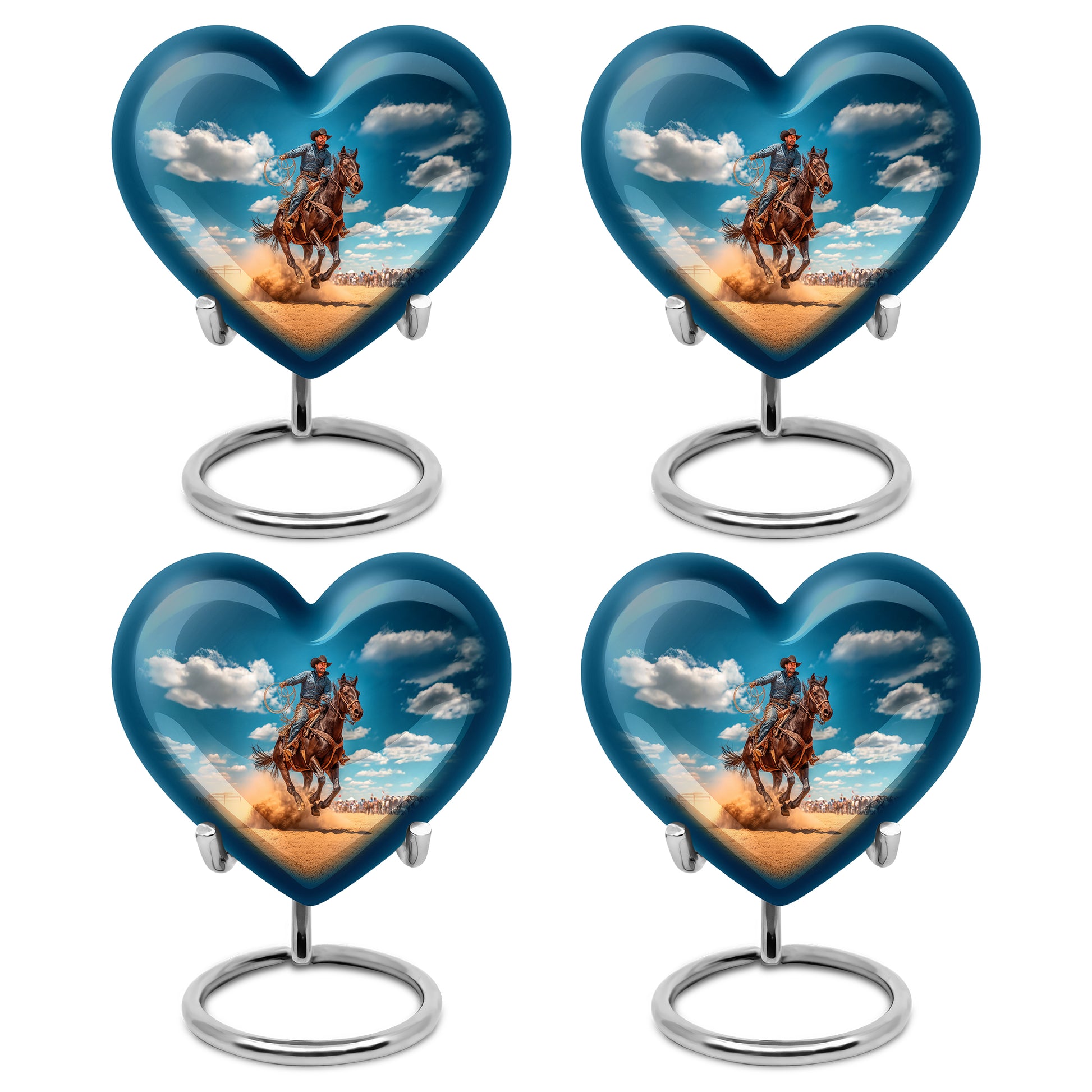 Cornflower Blue Cowboy Cremation Urn angled view of lid and engraved motif - romantic heart urn with cowboy motif on aluminum - 10 inch aluminum urn for cremated remains