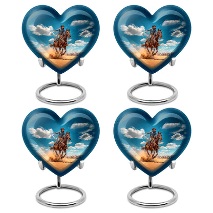 Cornflower Blue Cowboy Cremation Urn angled view of lid and engraved motif - romantic heart urn with cowboy motif on aluminum - 10 inch aluminum urn for cremated remains
