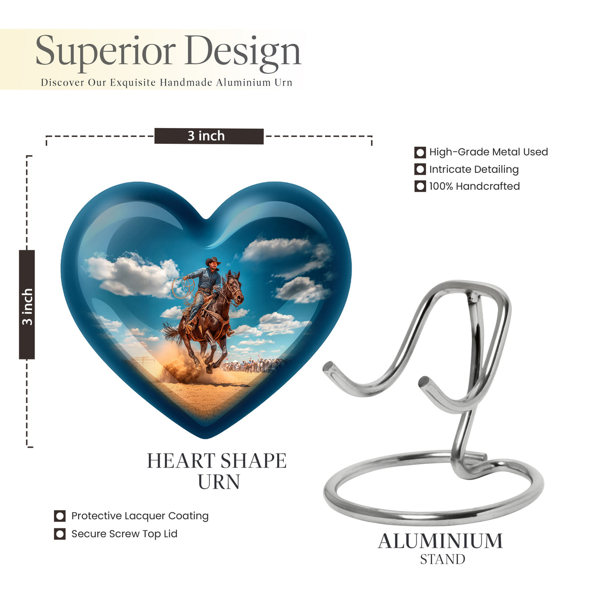 Icy Blue Cowboy Cremation Urn front view showing detailed design - heart-shaped cowboy design symbolizing eternal love - mini keepsake memorial for portion of cremation ashes