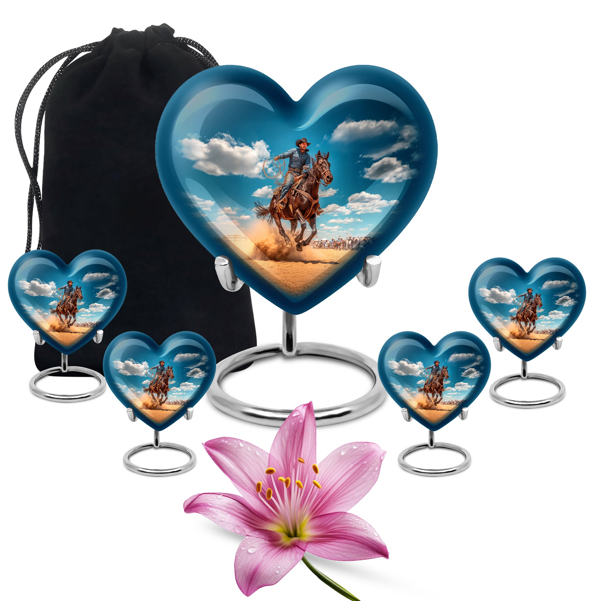 Icy Blue Cowboy Cremation Urn close-up of engraving and surface detail - heart-shaped cowboy design symbolizing eternal love - memorial set with one large and four small urns