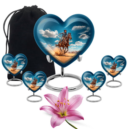Icy Blue Cowboy Cremation Urn close-up of engraving and surface detail - heart-shaped cowboy design symbolizing eternal love - memorial set with one large and four small urns