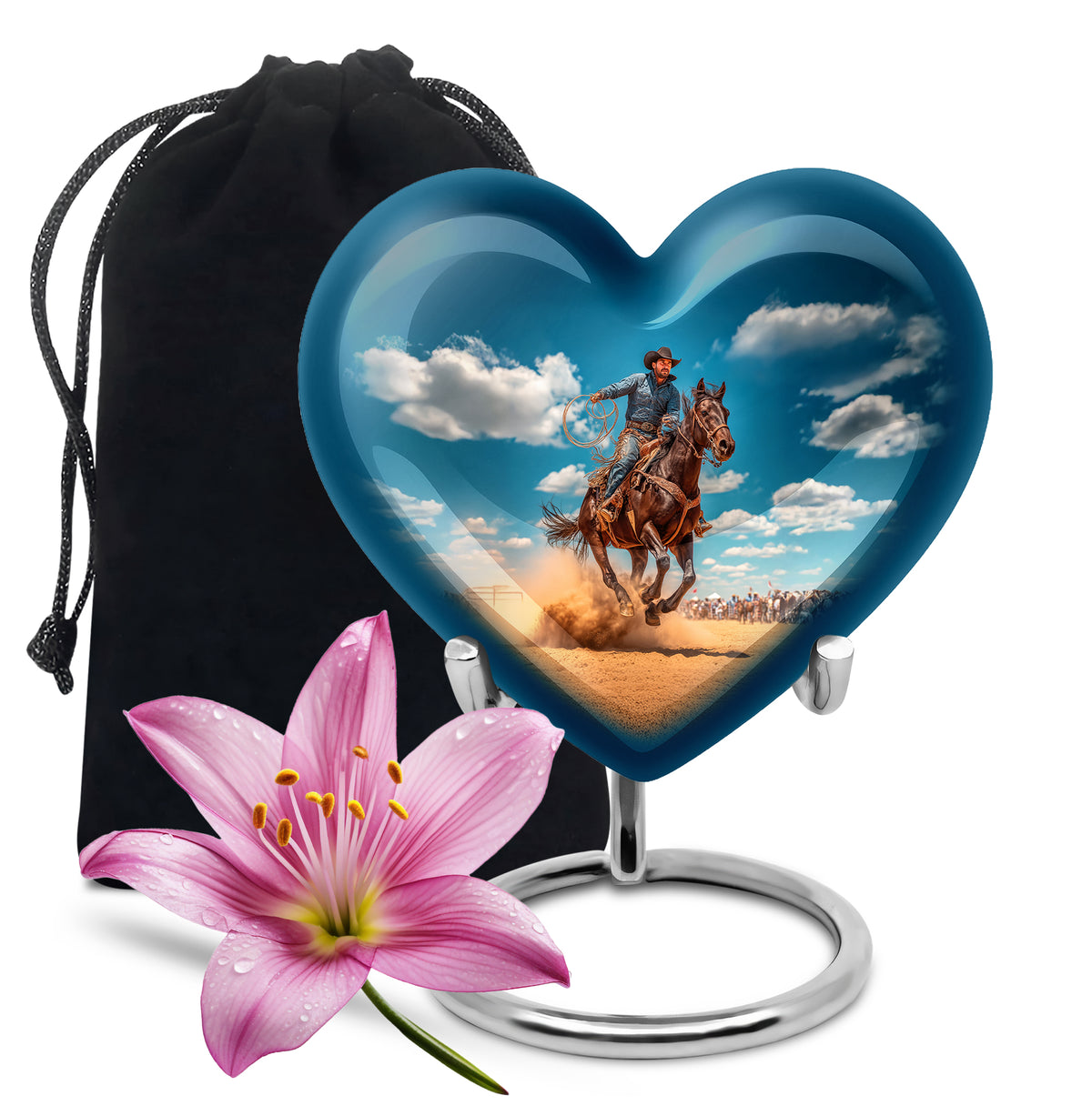 Powder Blue Cowboy Cremation Urn detail view - loving heart memorial featuring cowboy pattern - full-size 10 inch 200 cubic inch adult cremation urn
