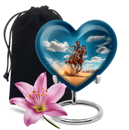 Powder Blue Cowboy Cremation Urn detail view - loving heart memorial featuring cowboy pattern - full-size 10 inch 200 cubic inch adult cremation urn
