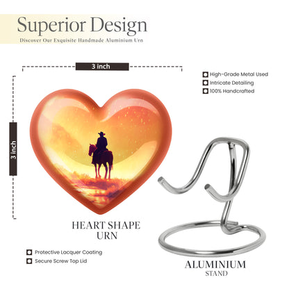 Sunrise Gold Cowboy Cremation Urn front view showing detailed design - heart-shaped cowboy design symbolizing eternal love - mini keepsake memorial for portion of cremation ashes