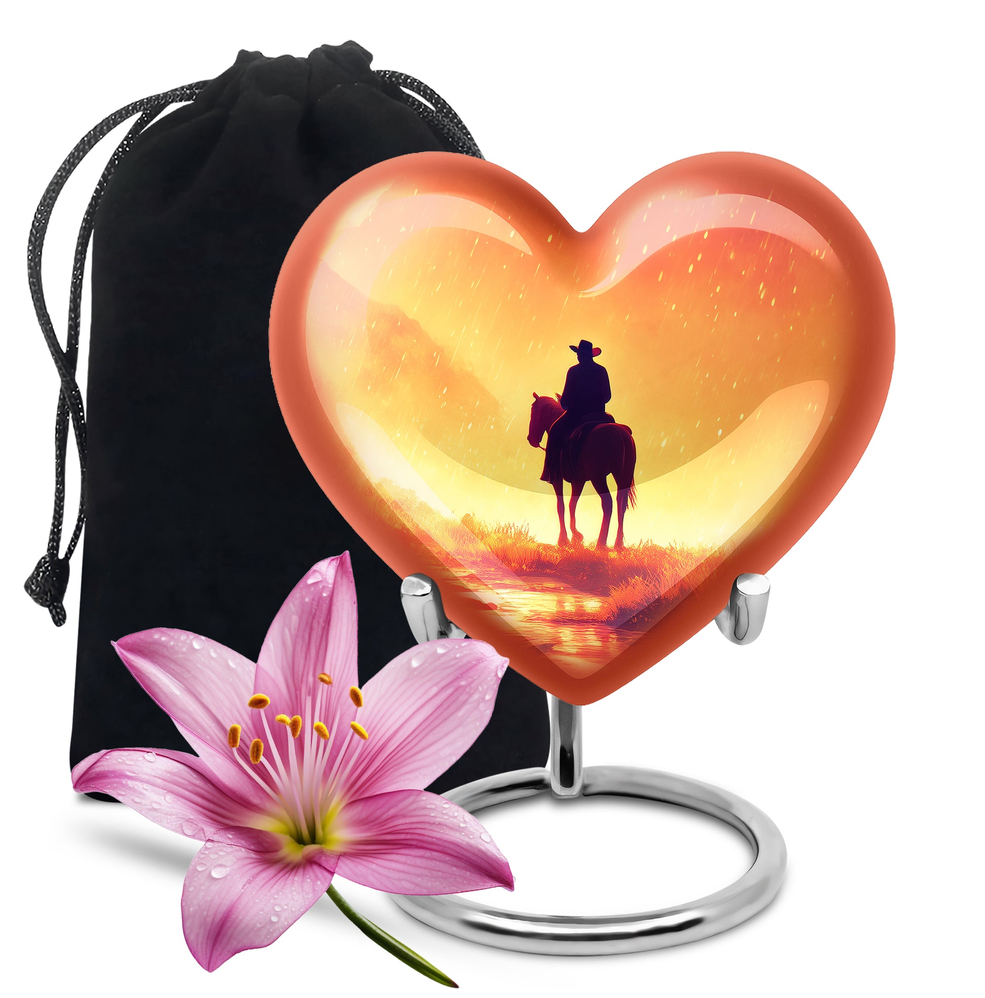Sunrise Gold Cowboy Cremation Urn detail view - heart-shaped cowboy design symbolizing eternal love - full-size 10 inch 200 cubic inch adult cremation urn