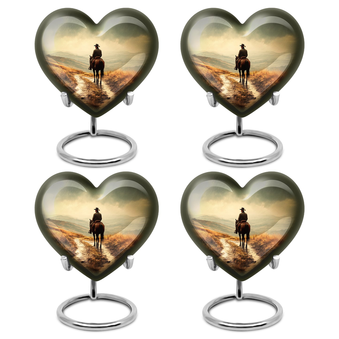 Soft Yellow Cowboy Cremation Urn angled view of lid and engraved motif - romantic heart urn with cowboy motif on aluminum - 10 inch aluminum urn for cremated remains