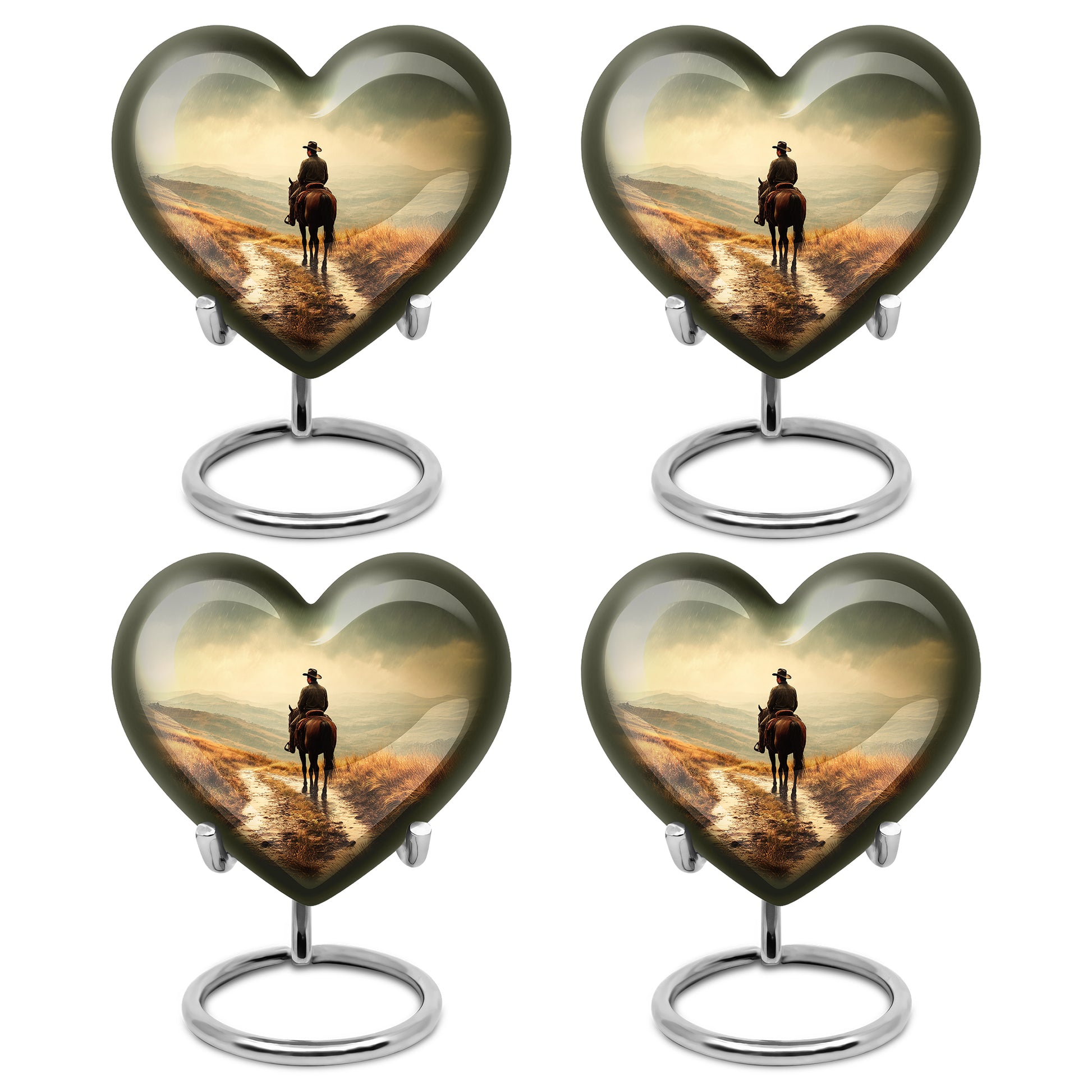 Soft Yellow Cowboy Cremation Urn angled view of lid and engraved motif - romantic heart urn with cowboy motif on aluminum - 10 inch aluminum urn for cremated remains