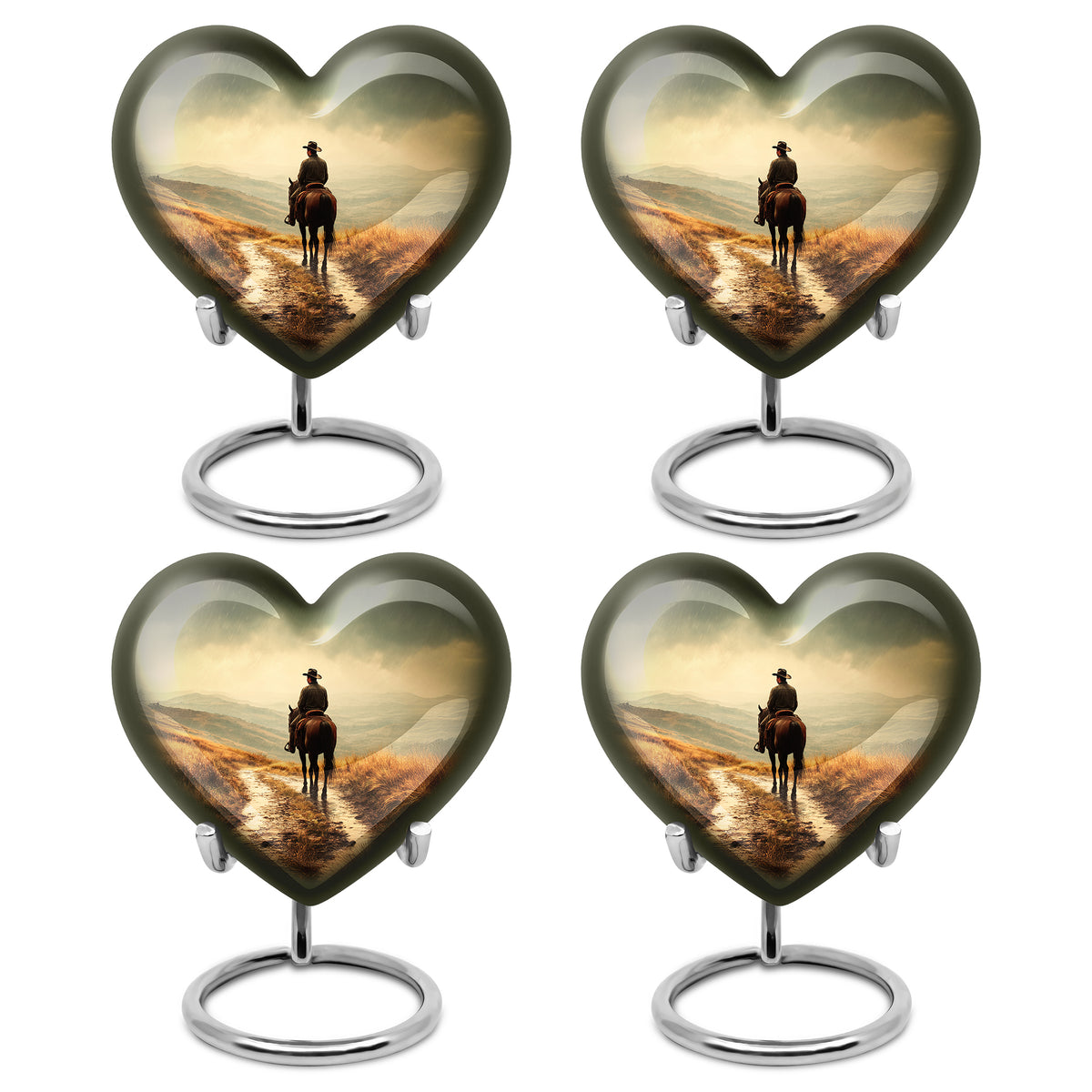Soft Yellow Cowboy Cremation Urn angled view of lid and engraved motif - romantic heart urn with cowboy motif on aluminum - 10 inch aluminum urn for cremated remains