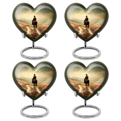 Soft Yellow Cowboy Cremation Urn angled view of lid and engraved motif - romantic heart urn with cowboy motif on aluminum - 10 inch aluminum urn for cremated remains