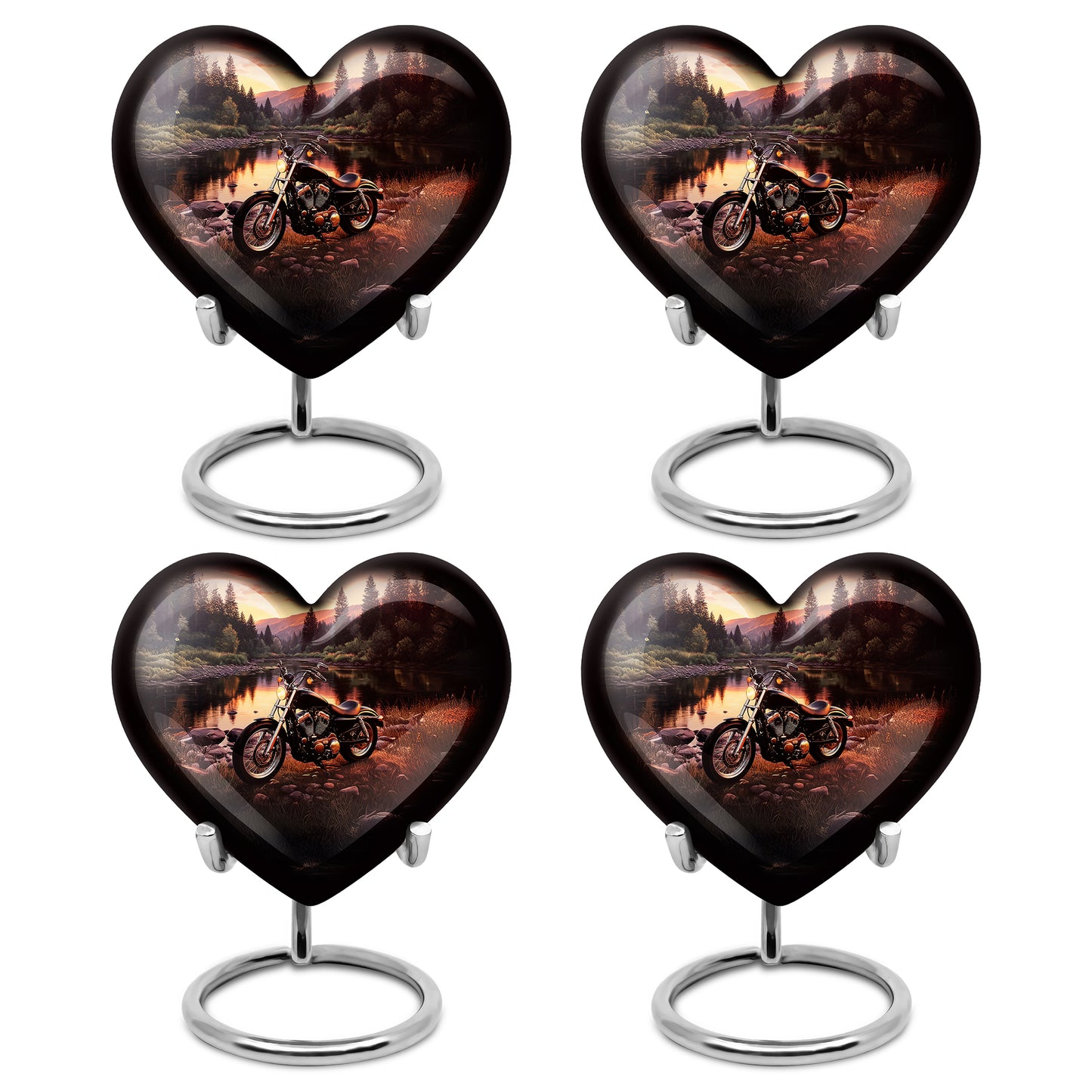 Cornflower Blue Bike Cremation Urn angled view of lid and engraved motif - romantic heart urn with bike motif on aluminum - 10 inch aluminum urn for cremated remains