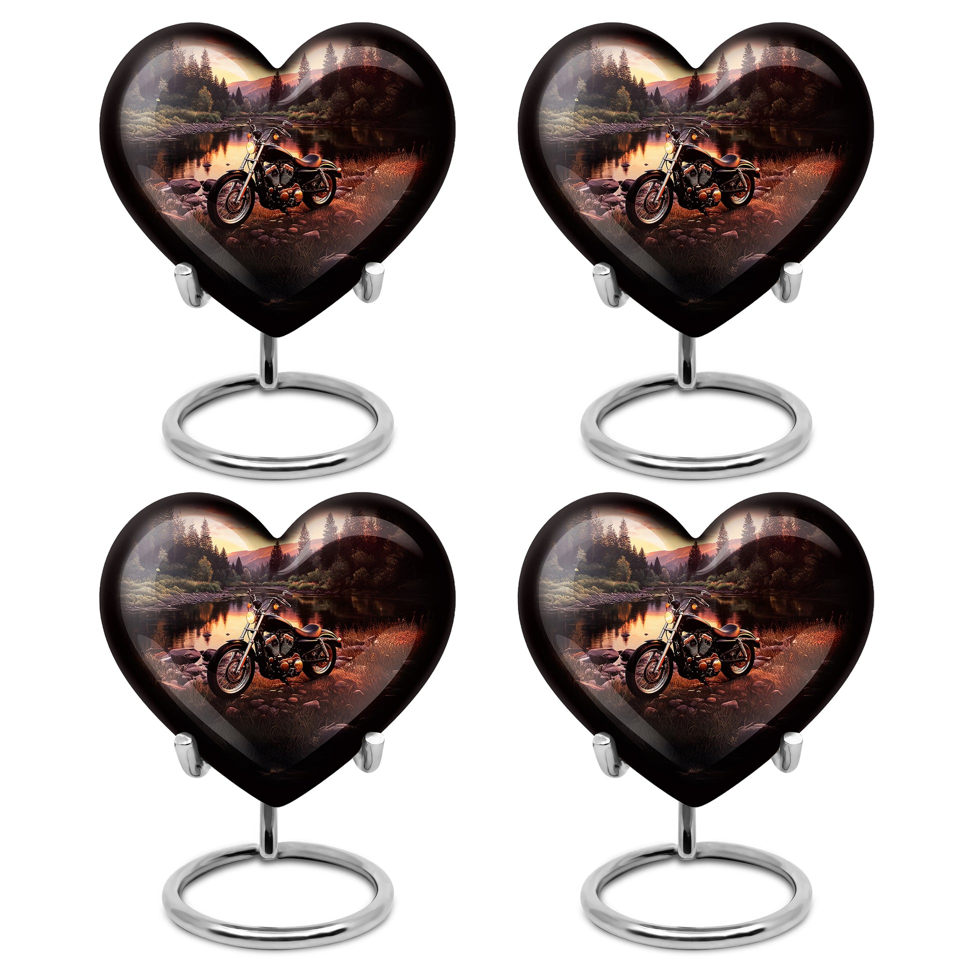 Cornflower Blue Bike Cremation Urn angled view of lid and engraved motif - romantic heart urn with bike motif on aluminum - 10 inch aluminum urn for cremated remains