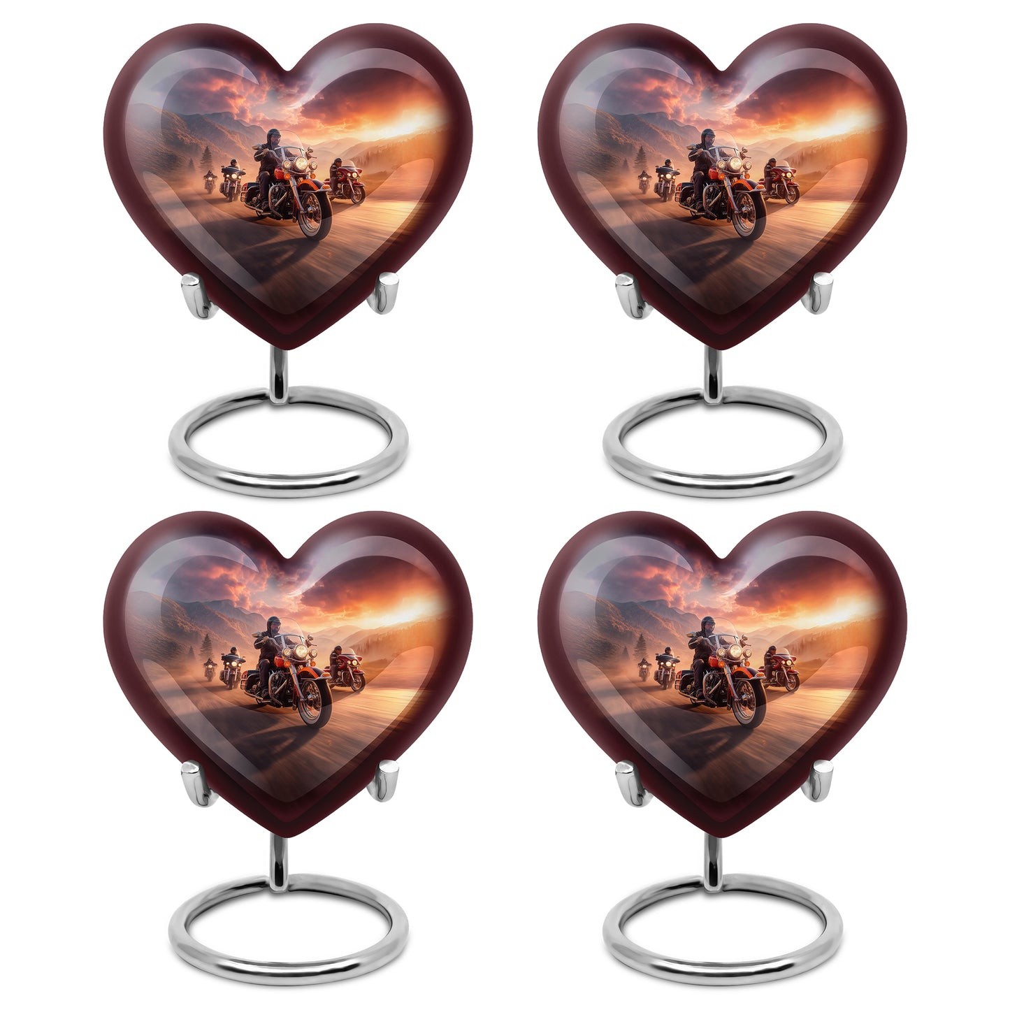 Blush Pink Bike Cremation Urn angled view of lid and engraved motif - heart-shaped bike design symbolizing eternal love - 10 inch aluminum urn for cremated remains