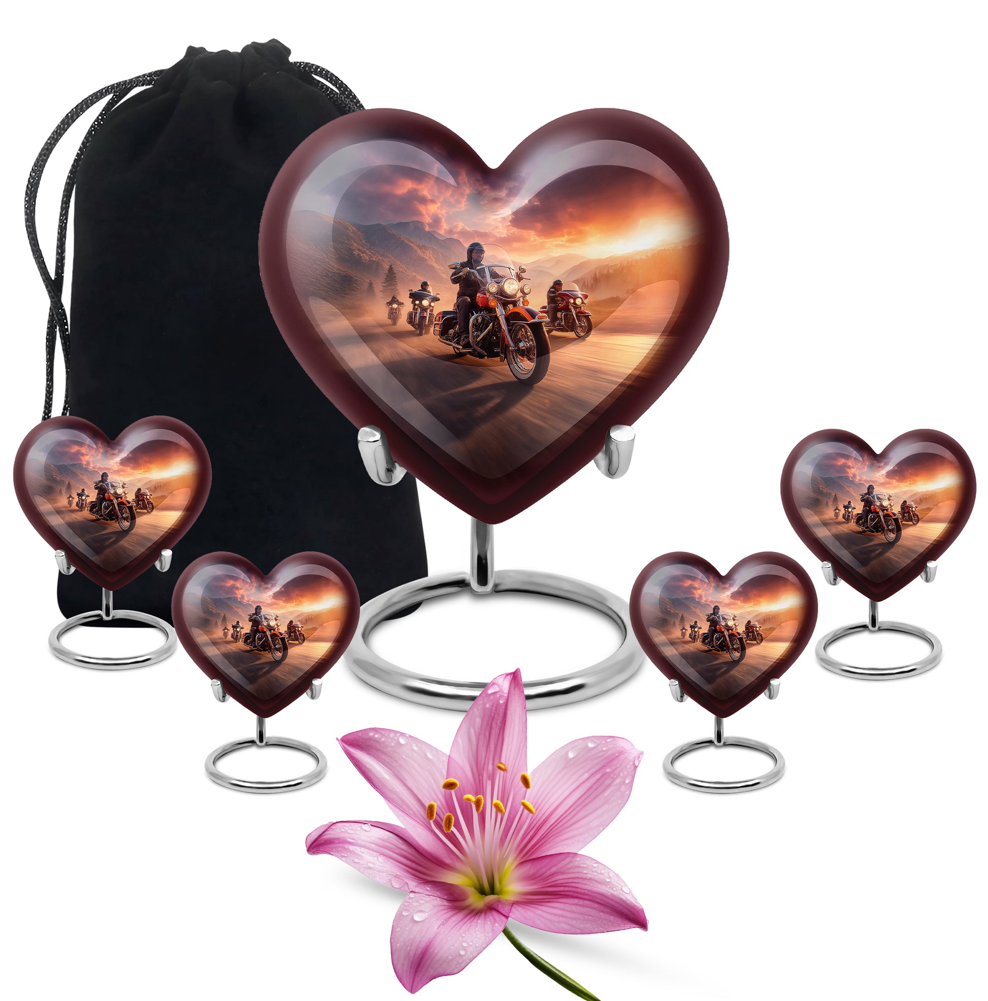 Coral Pink Bike Cremation Urn close-up of engraving and surface detail - heart-shaped bike design symbolizing eternal love - memorial set with one large and four small urns