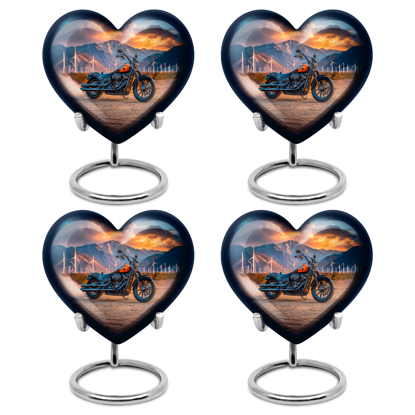 Ocean Teal Bike Cremation Urn angled view of lid and engraved motif - loving heart memorial featuring bike pattern - 10 inch aluminum urn for cremated remains