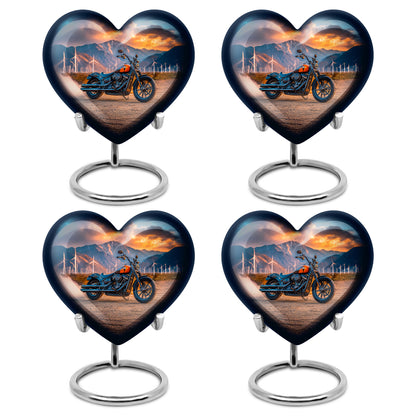 Ocean Teal Bike Cremation Urn angled view of lid and engraved motif - loving heart memorial featuring bike pattern - 10 inch aluminum urn for cremated remains