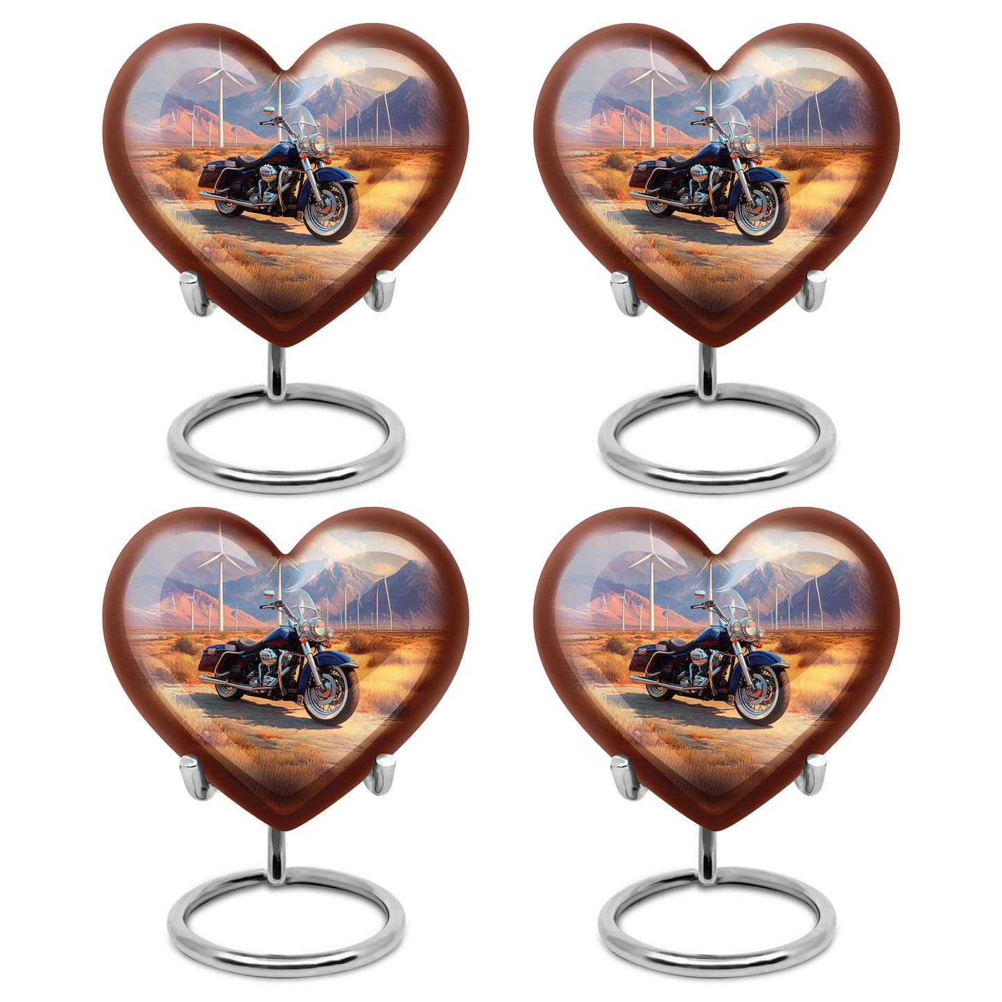 Harvest Gold Bike Cremation Urn angled view of lid and engraved motif - romantic heart urn with bike motif on aluminum - 10 inch aluminum urn for cremated remains
