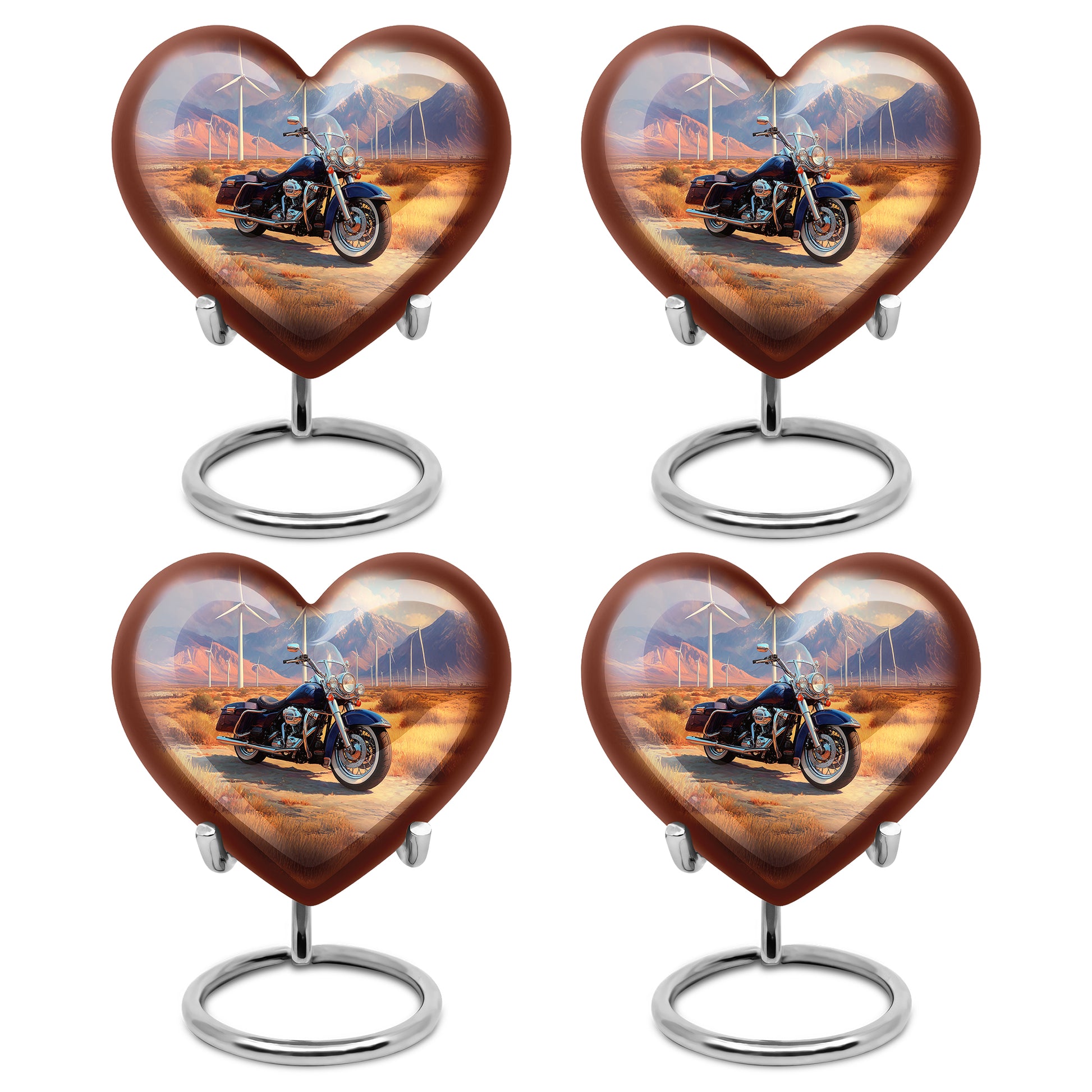 Harvest Gold Bike Cremation Urn angled view of lid and engraved motif - romantic heart urn with bike motif on aluminum - 10 inch aluminum urn for cremated remains