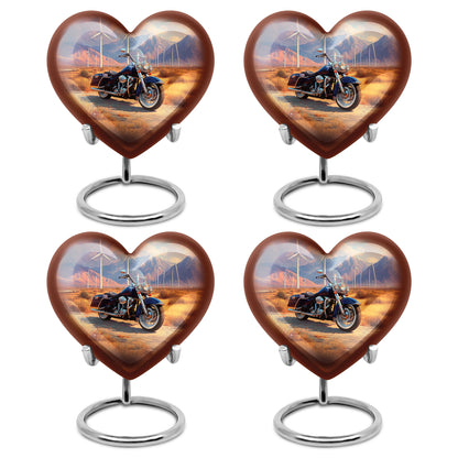 Harvest Gold Bike Cremation Urn angled view of lid and engraved motif - romantic heart urn with bike motif on aluminum - 10 inch aluminum urn for cremated remains