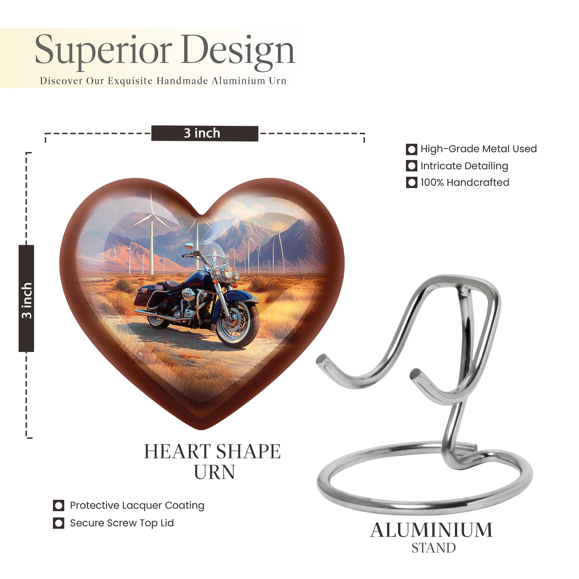 Sunrise Gold Bike Cremation Urn front view showing detailed design - loving heart memorial featuring bike pattern - mini keepsake memorial for portion of cremation ashes