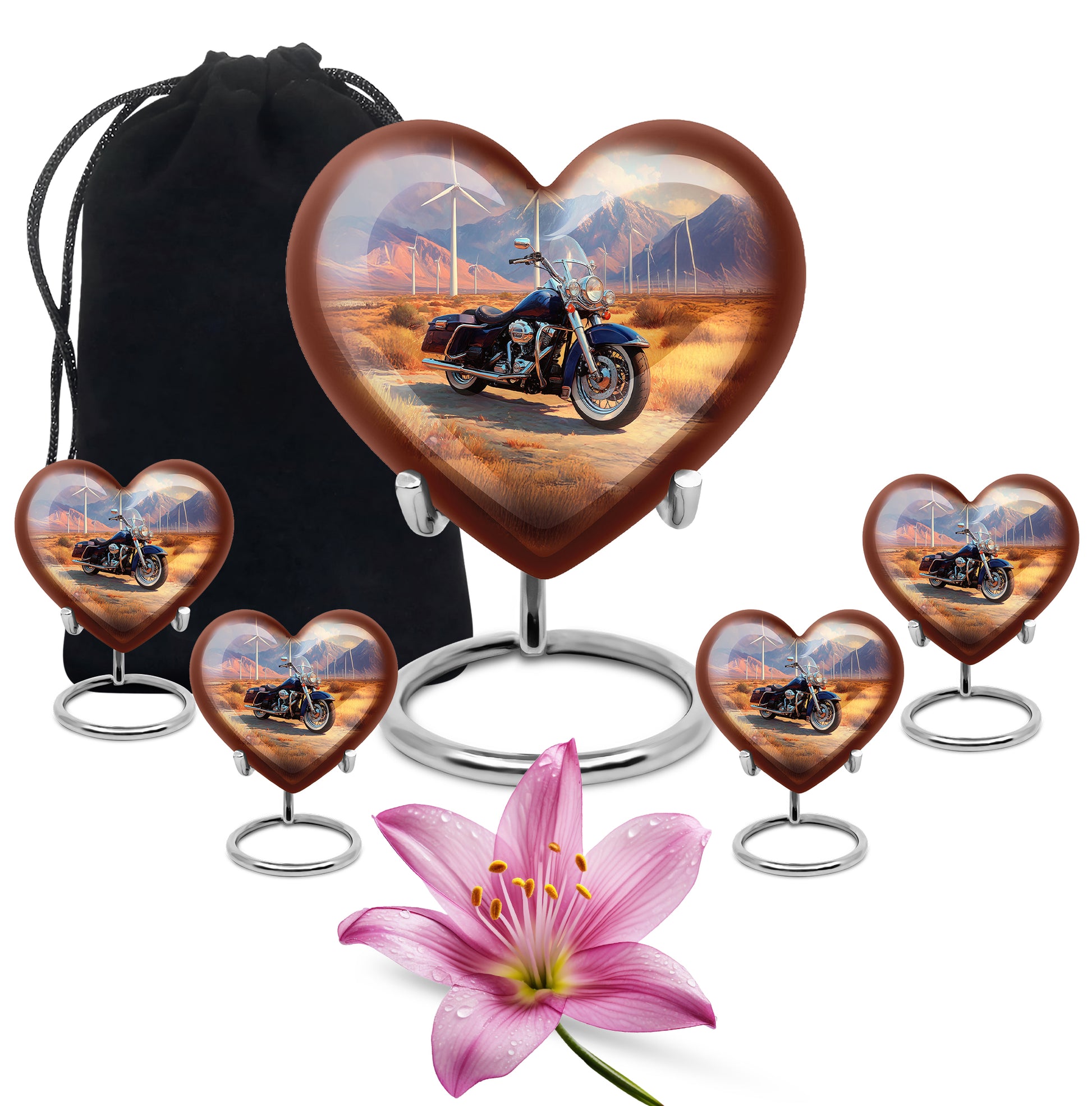 Antique Gold Bike Cremation Urn close-up of engraving and surface detail - heart-shaped bike design symbolizing eternal love - memorial set with one large and four small urns