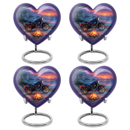 Twilight Blue Bike Cremation Urn angled view of lid and engraved motif - compassionate heart-bike combination with gentle curves - 10 inch aluminum urn for cremated remains