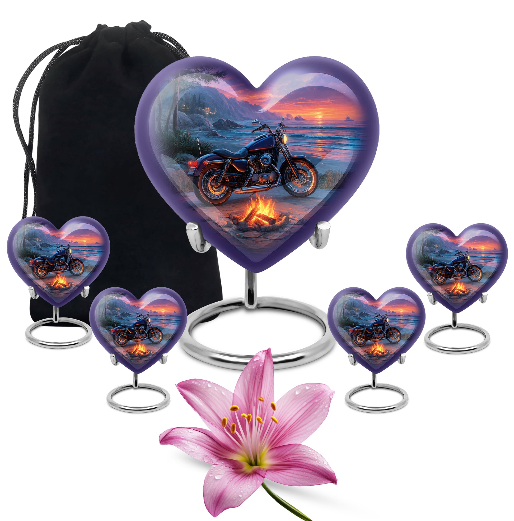 Sapphire Blue Bike Cremation Urn close-up of engraving and surface detail - compassionate heart-bike combination with gentle curves - memorial set with one large and four small urns