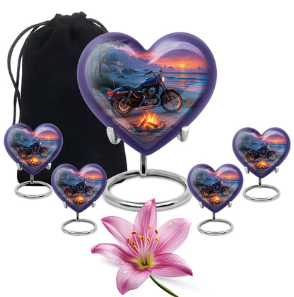 Sapphire Blue Bike Cremation Urn close-up of engraving and surface detail - compassionate heart-bike combination with gentle curves - memorial set with one large and four small urns
