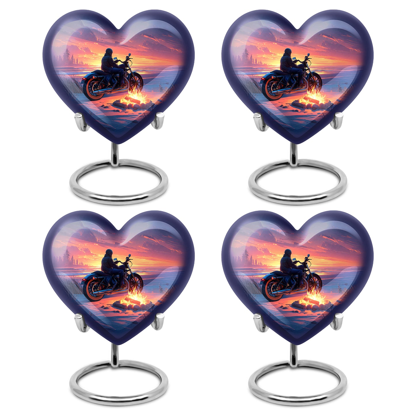 Sapphire Blue Bike Cremation Urn angled view of lid and engraved motif - romantic heart urn with bike motif on aluminum - 10 inch aluminum urn for cremated remains