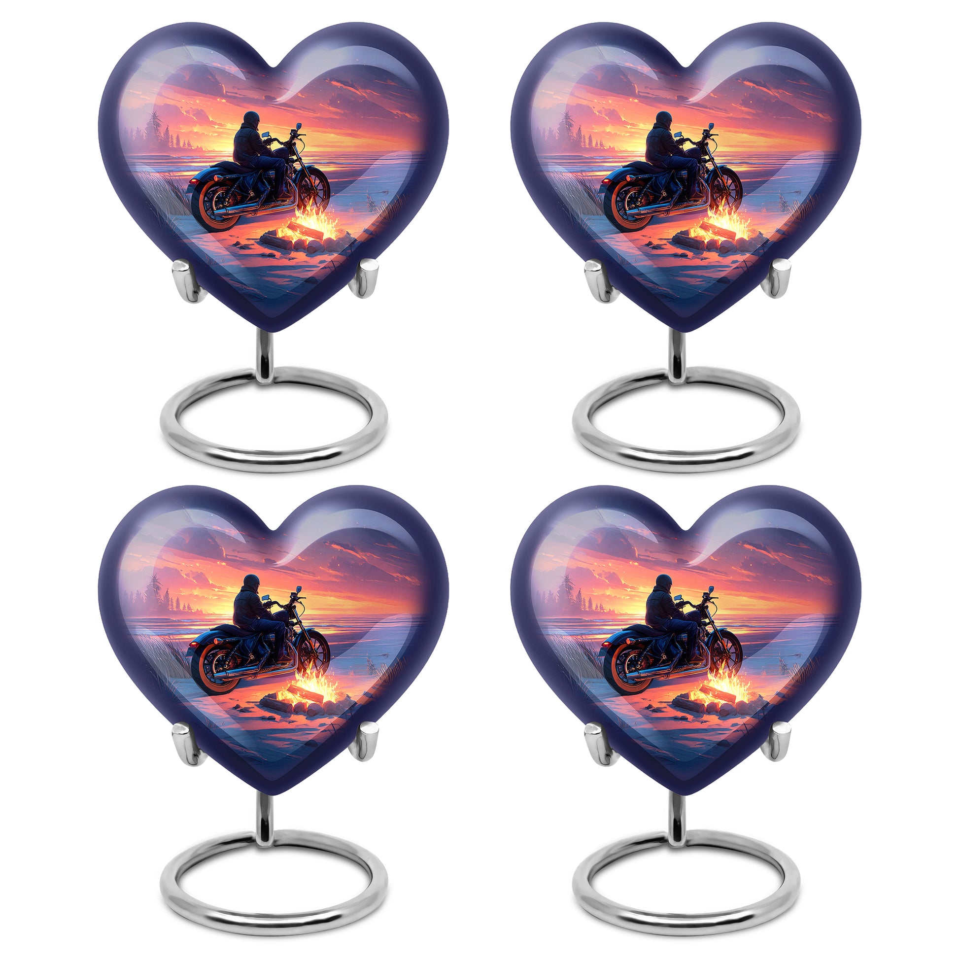Sapphire Blue Bike Cremation Urn angled view of lid and engraved motif - romantic heart urn with bike motif on aluminum - 10 inch aluminum urn for cremated remains