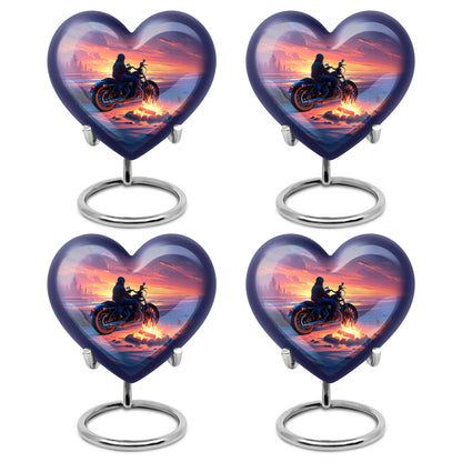 Sapphire Blue Bike Cremation Urn angled view of lid and engraved motif - romantic heart urn with bike motif on aluminum - 10 inch aluminum urn for cremated remains